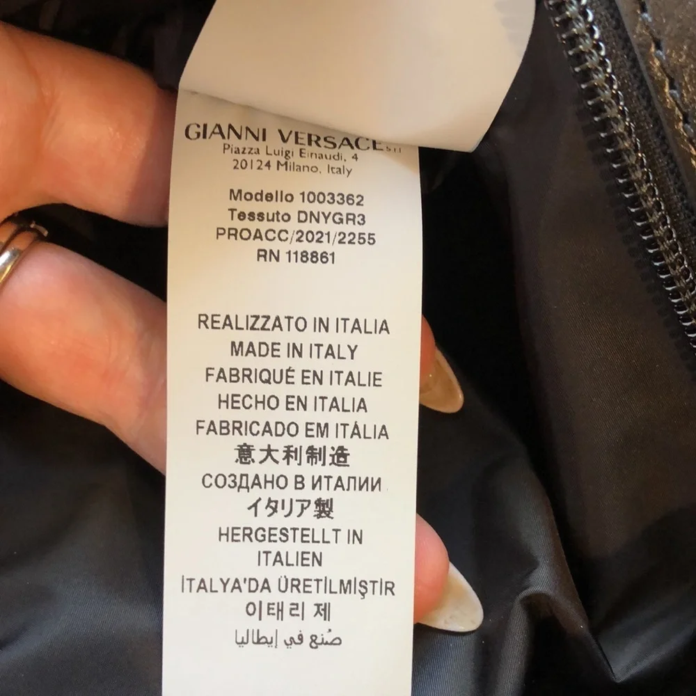 Versace like new black Greca travel bag gold accents nylon magnet close  17x14x7